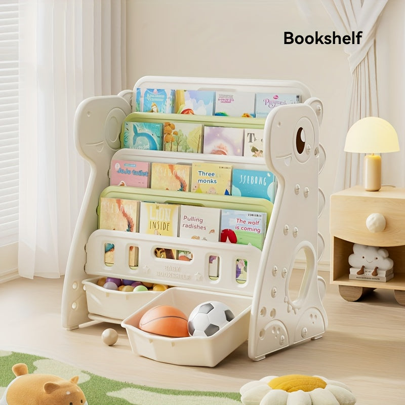 Multi-Layer Bookshelf Children's Multi-Layer Picture Book Shelf, Multifunctional Bookshelf and Storage 2-in-1, Suitable for Living Room, Bedroom, and Kids' Room, Easy to Install, Dinosaur Design