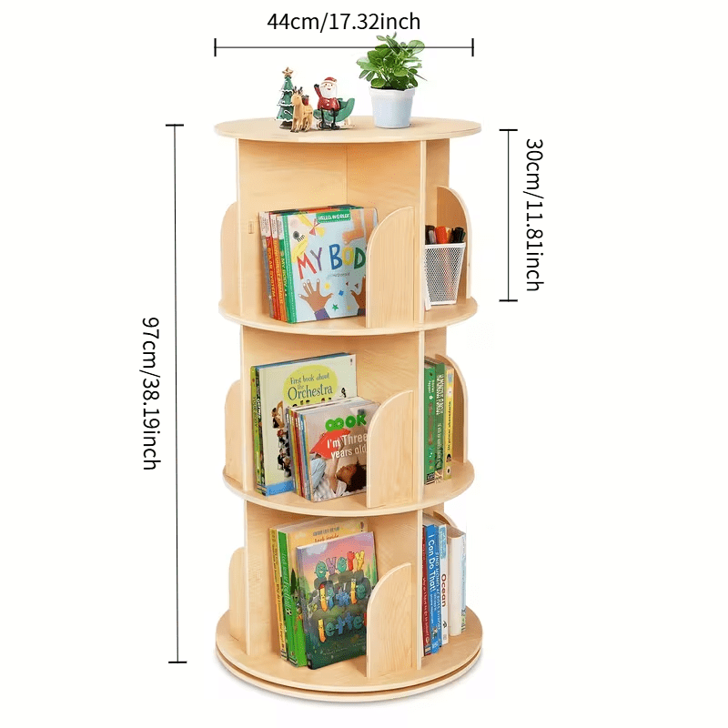 Wooden Picture Book Stand, Solid Wood Rotating Bookshelf, 360-degree Floor-standing Small Home Bedroom Storage Rack for Picture Books, a Simple Three-tier Bookshelf Holding Approximately 75 Books, Sui