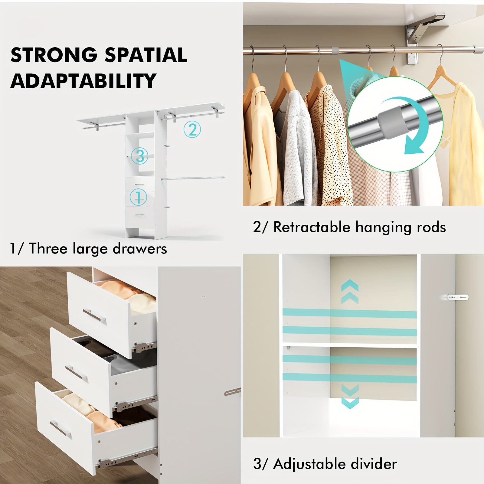 Closet System with Drawers, 8ft Walk In Closets Organizer with 3 Shelving Towers, 96\